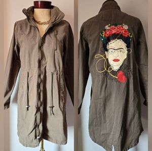 GESVAGES Premium Collection Frida Kahlo Embroidered Olive Green Jacket. Size Med